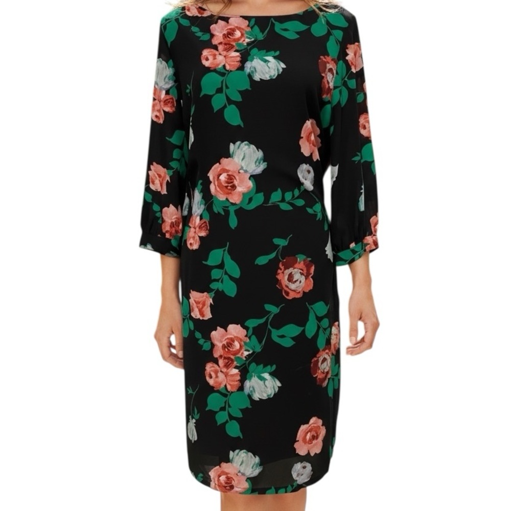 APT 9 Dress Size Large Black Rose Print Fully Lined Pockets Tie Belt